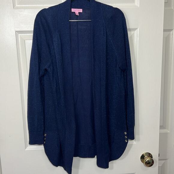 Lilly Pulitzer Micaila Cardigan Sweater Navy Metallic Open Longline Tulip Hem - Picture 2 of 11